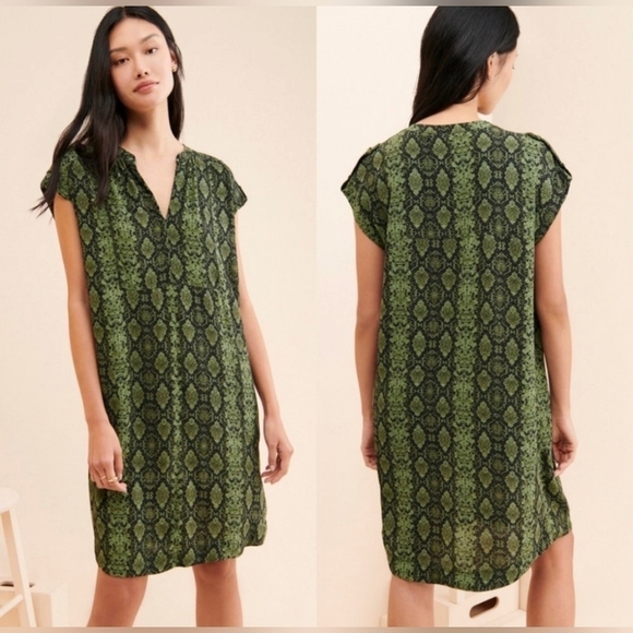 ANTHROPOLOGIE Size XS Green & Black Snake Print Rachel Tunic Dress w/Pockets - Picture 2 of 11